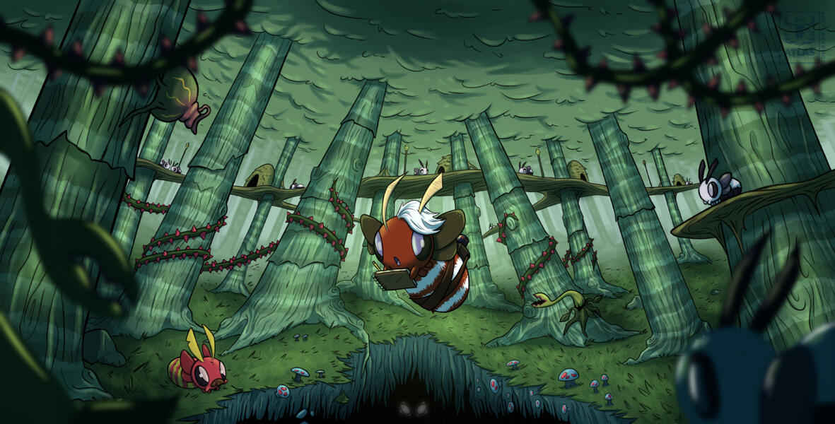 Illustration featuring our main character, Robin, flying while curious regarding their surroundings.